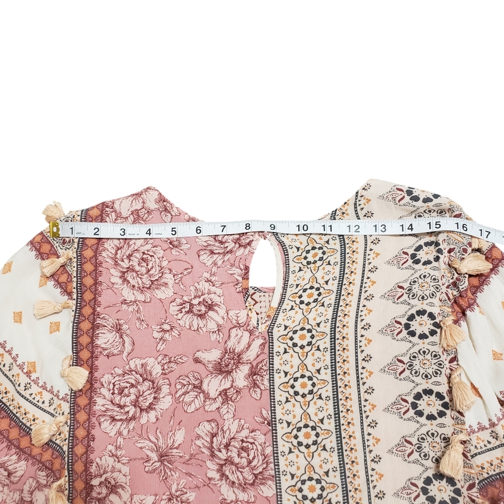 SOLD-American Eagle Pink Patchwork Peasant Top Boho Embroidered Tassel Flare M - Picture 11 of 16